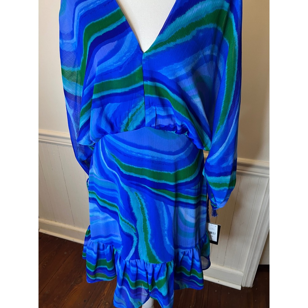 Kelly Grace Blue Swirl Print V-Neck Ruffle‎ Mini Dress Blue Green NWT size 10 - Picture 4 of 9